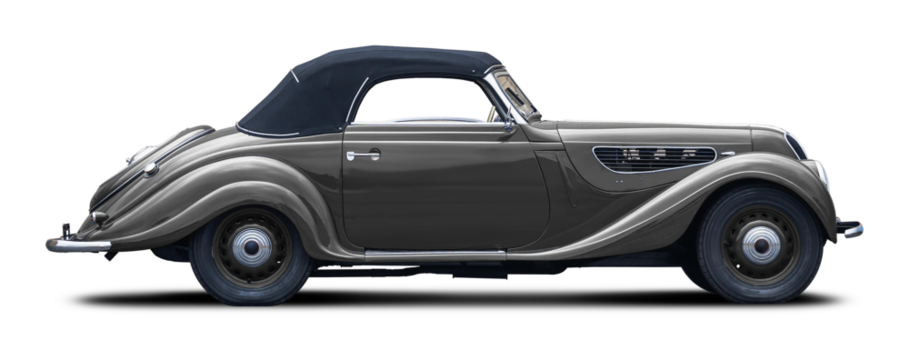 Classic European retro car in gray. With a convertible body and a soft top in black.