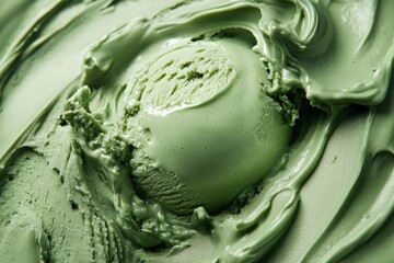 Obraz premium Close up of matcha ice cream with scoop and swirls texture. Ideal for summer promotions or frozen dessert menu designs.