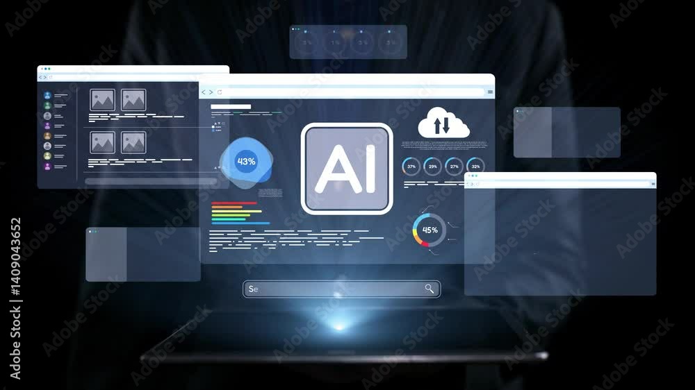 Poster explore a modern digital interface depicting artificial intelligence data analytics with multiple in