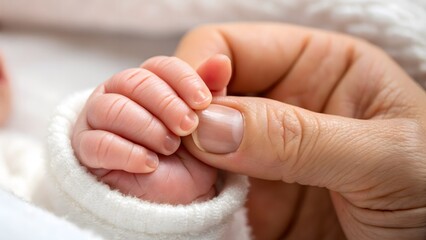 Tender macro shot of a newborn&rsquo;s tiny hand gently gripping an adult&rsquo;s finger. Ideal for themes of parenthood, human connection, innocence, and new life.