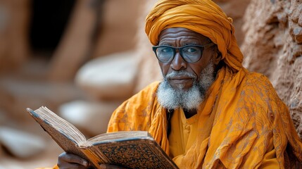 Fototapeta premium Portrait of a Wise Man Reading a Book in Africa