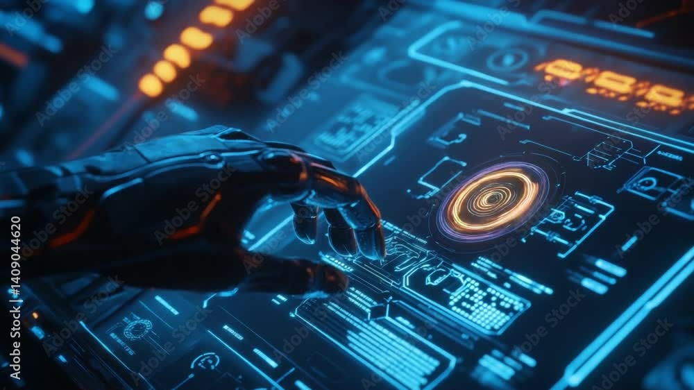 Aufkleber Cybernetic Hand Interacting with Futuristic Interface: A close-up shot of a cybernetic hand interacting with a complex, futuristic interface, glowing with vibrant blue and orange hues.