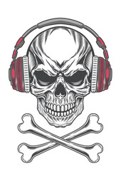 Devil skull with crossbones in vintage style headphone 83