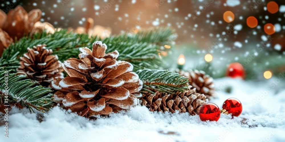 Poster a pine cone and a red bell rest on a snowy surface, creating a festive winter scene.