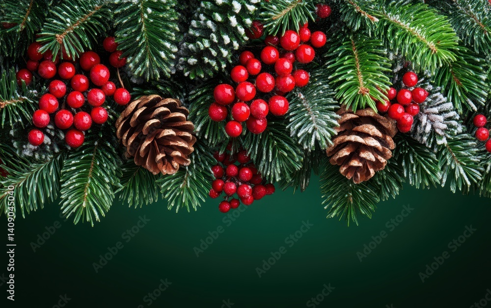 Poster a detailed view of a pine branch adorned with red berries and pine cones.