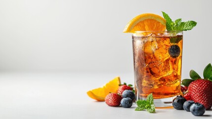 Refreshing cocktail garnished with fruits and berries.