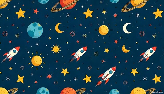 Whimsical space pattern featuring rockets, planets, stars on dark backdrop