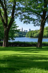 Fototapeta premium trees in a park with a lake and a city in the background