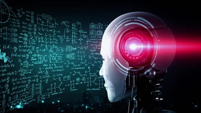 hominoid AI robot looking at hologram screen in concept of math calculation and scientific equation analytic using artificial intelligence by machine learning process. 3D rendering.
