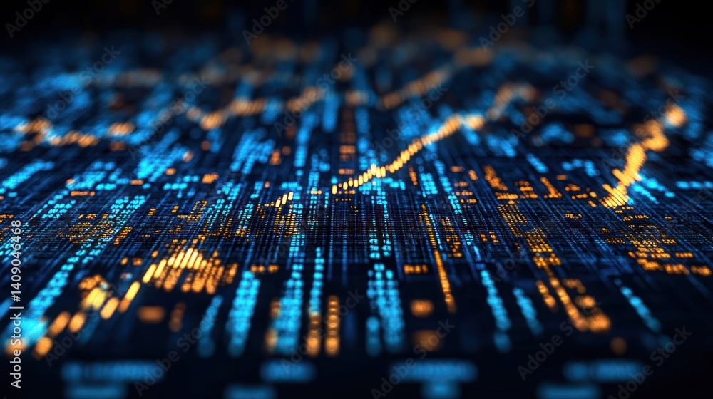 Poster abstract digital data visualization: blue and orange glowing lines and dots