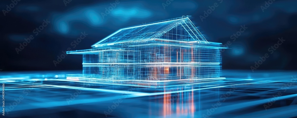 Aufkleber Building house on blueprint with a focus on architecture and vignetting concept. 3D rendering of a futuristic house design with glowing elements.