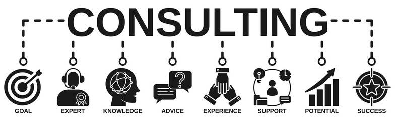Fototapeta premium Consulting banner web icon vector illustration concept for business consultation with an icon of goals, expert, knowledge, advice, experience, support, potential, and success