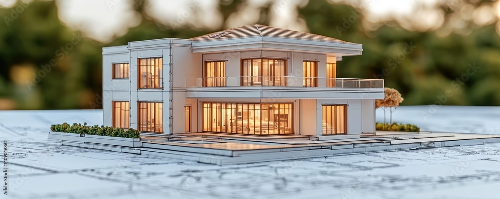 Poster Building house on blueprint with vignetting and construction concept. Modern architectural model of a stylish residential house.