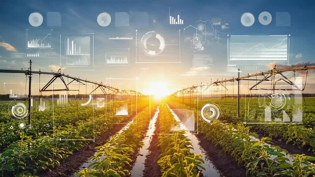 Smart farming technology data-driven irrigation & crop management at sunset