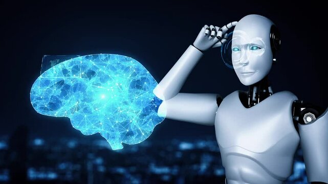Thinking AI hominoid robot analyzing hologram screen showing concept of AI brain and artificial intelligence thinking by machine learning process. 3D rendering.
