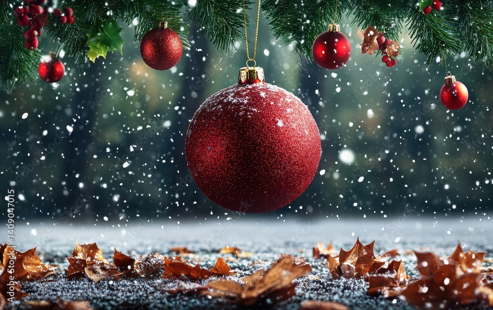 Poster a red ornament dangles from a leafy tree branch, adding color to the natural setting.