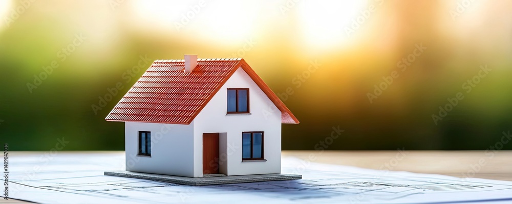 Poster building house on blueprint under plan and architecture concept. a detailed model home on architectu