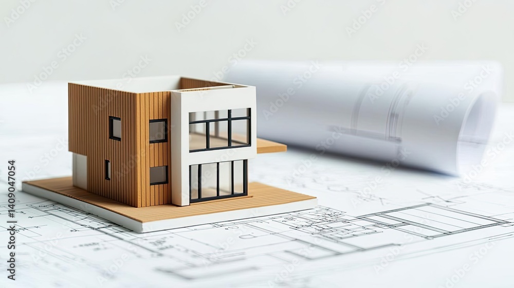 Poster Building house on blueprint with vignetting and construction concept. Architectural model with blueprints showcasing modern design.