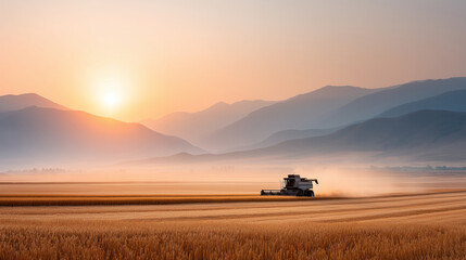 A combine harvester working in a wheat field at sunset, with mountains in the background. The sky is a beautiful orange color.
