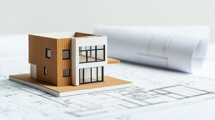Building house on blueprint with vignetting and construction concept. Architectural model with blueprints showcasing modern design.