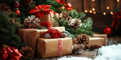 Numerous gifts wrapped in brown paper adorned with bright red bows await celebration.