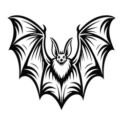 Bat Silhouette with Open Wings, Detailed Black and White on White Background