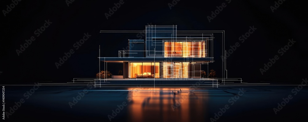 Poster Building house on blueprint with a focus on architecture and vignetting concept. Modern architectural design showcasing innovative features.