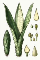 Detailed illustration of Sansevieria trifasciata showcasing plant parts and characteristics and their unique features