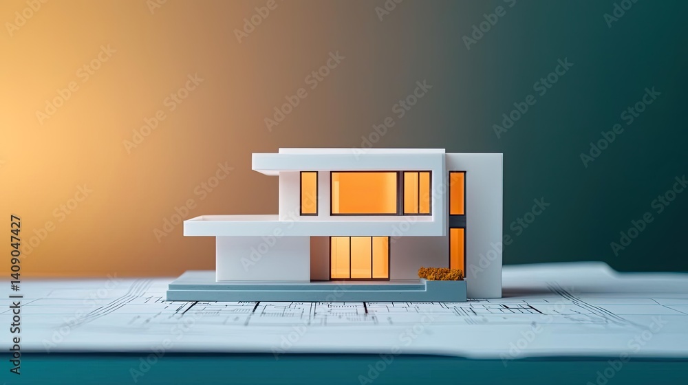Poster Building house on blueprint under plan and architecture concept. Modern architectural model with illuminated windows on blueprint.