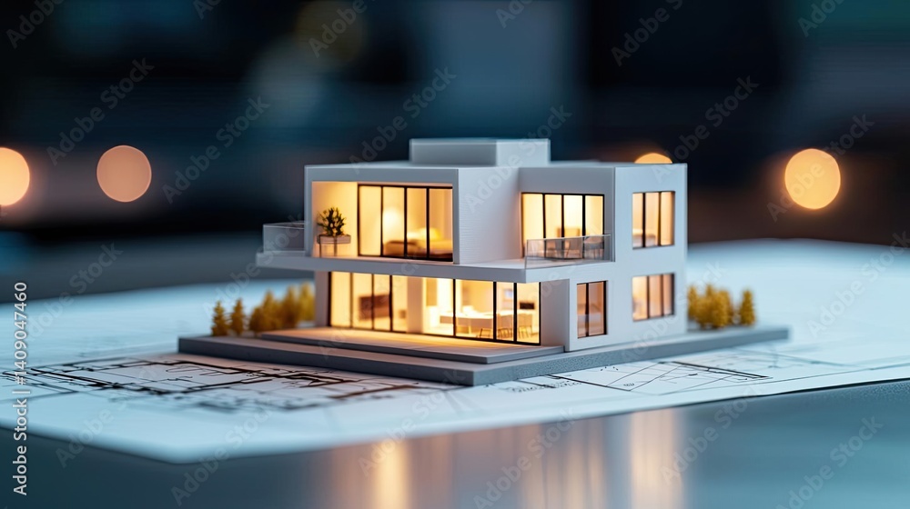 Aufkleber Building house on blueprint with a focus on architecture and vignetting concept. A detailed model of a modern house showcasing architectural design.