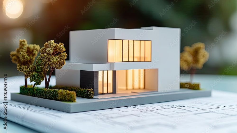 Poster Building house on blueprint under plan and architecture concept. Modern architectural model showcasing minimalist design and details.