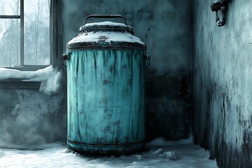 Rusty milk can, snowy room