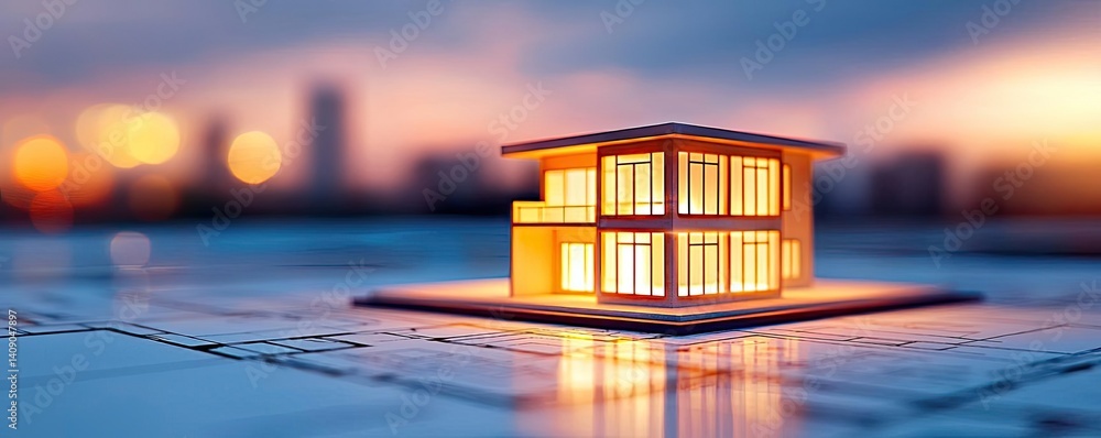 Poster Building house on blueprint with a focus on architecture and vignetting concept. A stunning architectural model demonstrating modern design features.