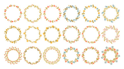 Spring flower circle frame big set. Floral circle frame. Hand drawn botanical round border, laurel, wreath with branches, leaves and flowers illustration for wedding invitation, card, logo
