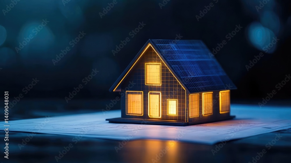 Poster Building house on blueprint with vignetting and construction concept. Illuminated model house at night with a vibrant blue background.
