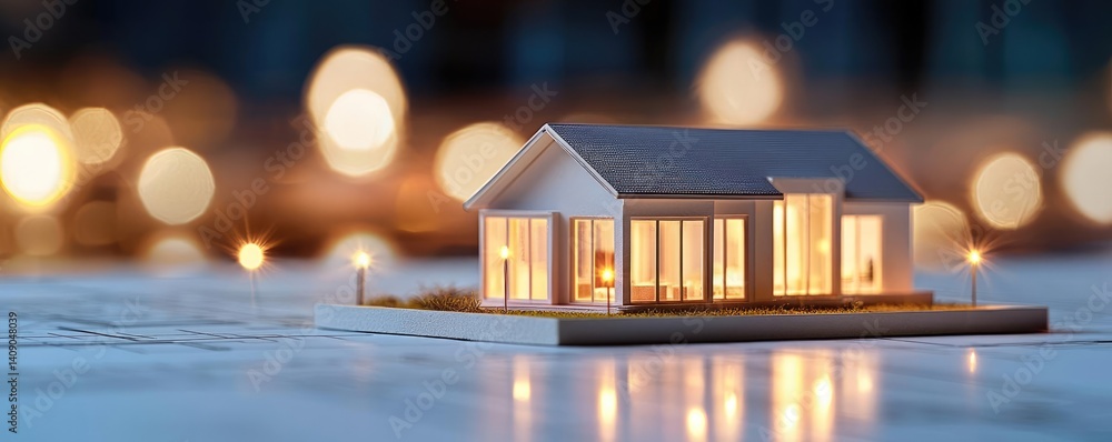Aufkleber Building house on blueprint with a focus on architecture and vignetting concept. A cozy scale model of a modern house with warm lights glowing.