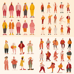 Fototapeta premium Colorful hand-drawn illustrations of diverse people in casual poses and outfits. Perfect for modern lifestyle, diversity, fashion, community, and character design themes.