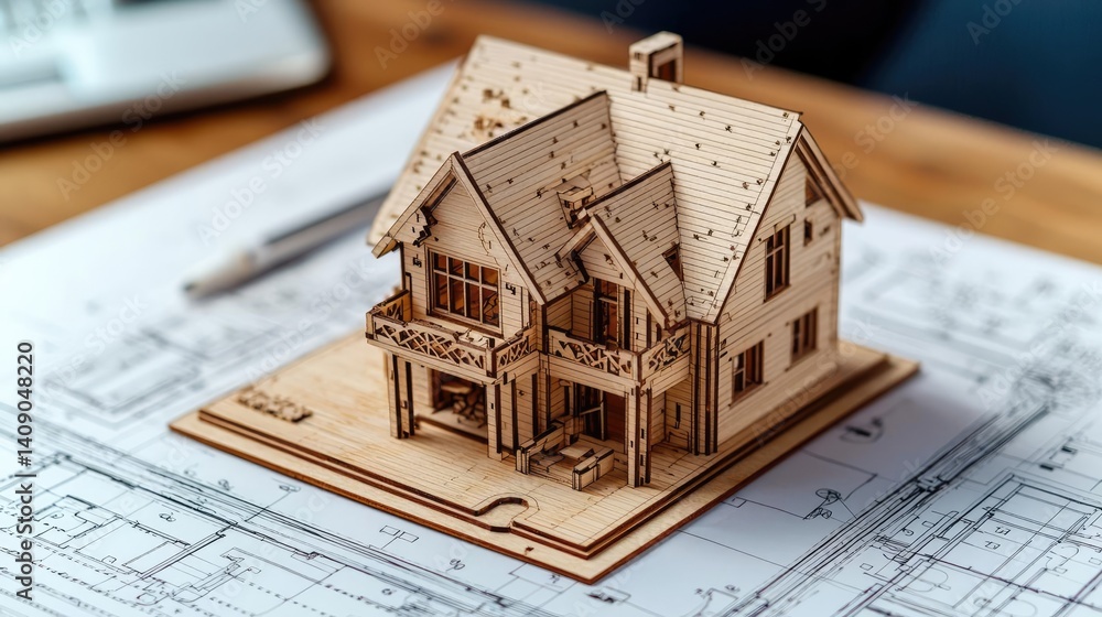 Aufkleber building house on blueprint under plan and architecture concept. a detailed wooden house model on bl