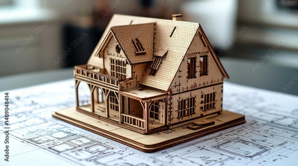 Poster Building house on blueprint with a focus on architecture and vignetting concept. A detailed wooden model house on architectural blueprints.