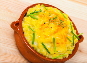 Scottish Rumbledethumps made of mashed potatoes, swede, savoy cabbage and cheddar cheese
