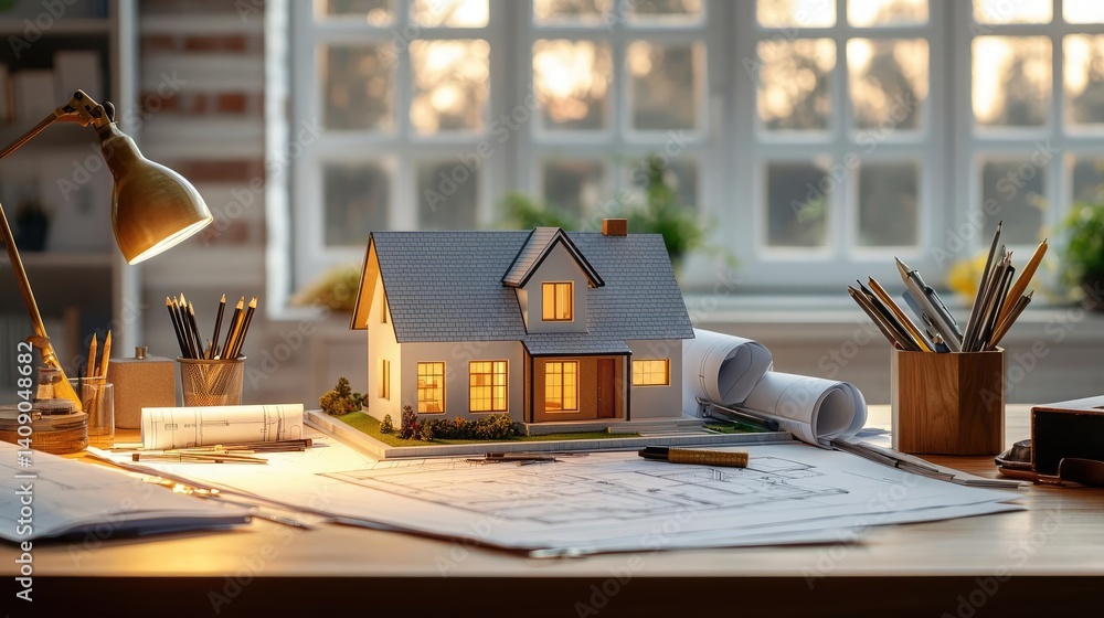 Poster building house on blueprint under plan and architecture concept. a model house on a desk next to arc