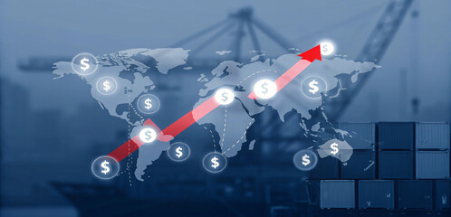 Import tariffs increase concept with digital symbols of trade, tax, and logistics over a global network background, Businessman uses tablet with import tariffs increase concept