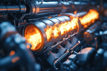 Detailed view of a modern engine with flames coming out of the cylinders. Show the power of engineering or symbolize advanced technology.