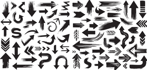arrows in grunge style, vector collection, beautiful and stylish. Bold arrows, graphic set of isolated elements from brush strokes, thick pointers on white background