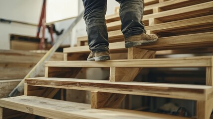 Carpenter installing a wooden staircase in a home. Featuring craftsmanship and precision