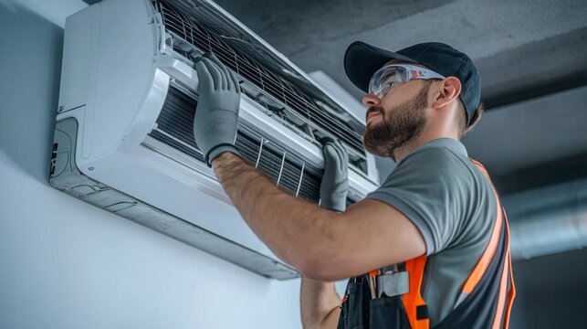 Technician installs a split air conditioning unit at a residential property during afternoon hours
