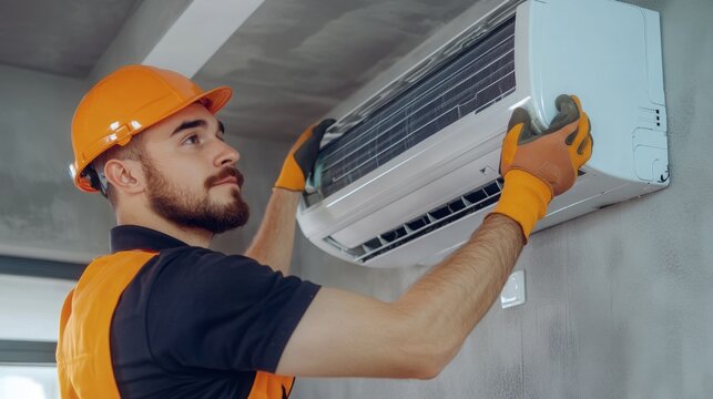 Technician installs air conditioning unit indoors during daylight hours in a modern building
