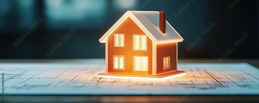 Aufkleber Building house on blueprint with a focus on architecture and vignetting concept. A glowing model house on architectural blueprint design.