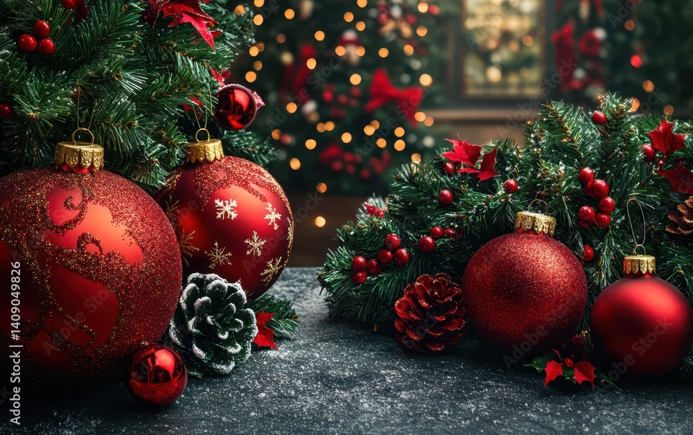 Poster three red christmas ornaments on a table with a christmas tree in the background create a festive sc
