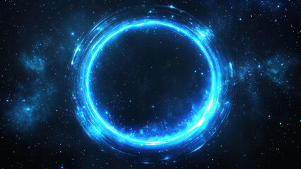 Glowing blue circle with sparkling stars on dark cosmic background